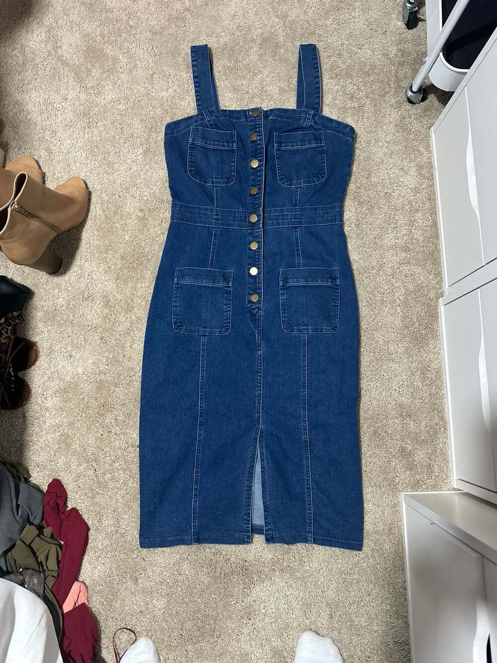 Fashion Nova Medium Wash Button Front Denim Midi Dress with Pockets